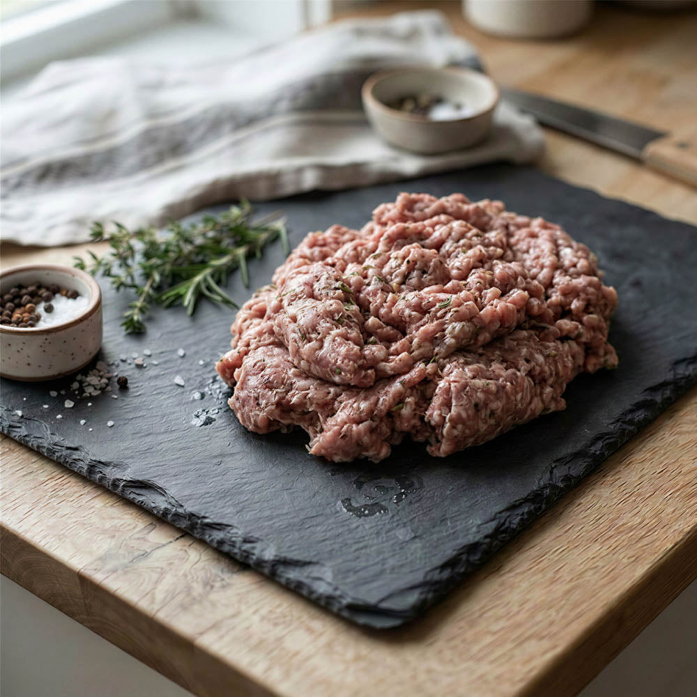 stanborough farm pork sausage meat on a dark slate serving board on a wooden countertop, with small bowls of seasoning, a sprig of herbs, and a knife in the background.