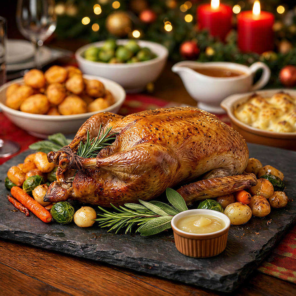 A roasted whole goose garnished with rosemary, served on a dark stone platter with roasted potatoes, carrots, Brussels sprouts, and a small cup of sauce, set on a wooden table with holiday decorations and candles in the background.