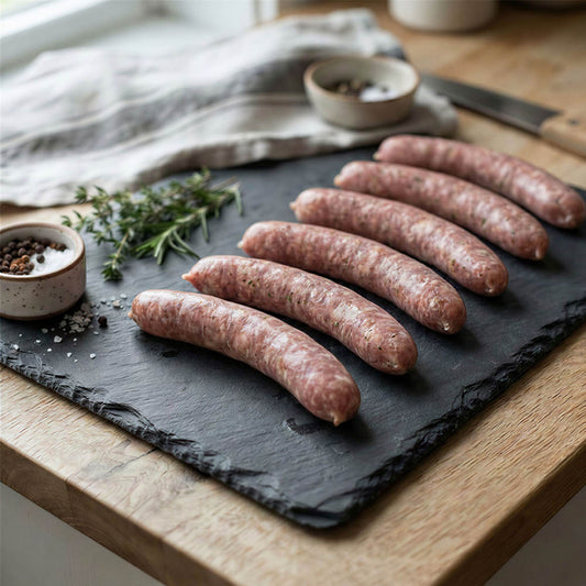 stanborough farm 6 pack of pork chipolatas sausages arranged on a dark slate serving board on a wooden table, with small bowls of seasoning, a sprig of rosemary, and a cloth in the background.