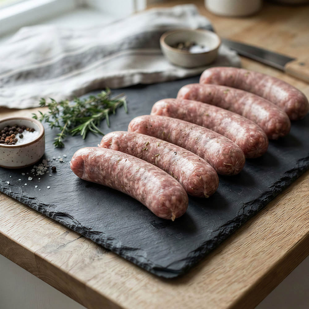 stanborough farm six pack of pork sausages arranged on a black slate serving board with herbs, salt, pepper, and a knife on a wooden table.