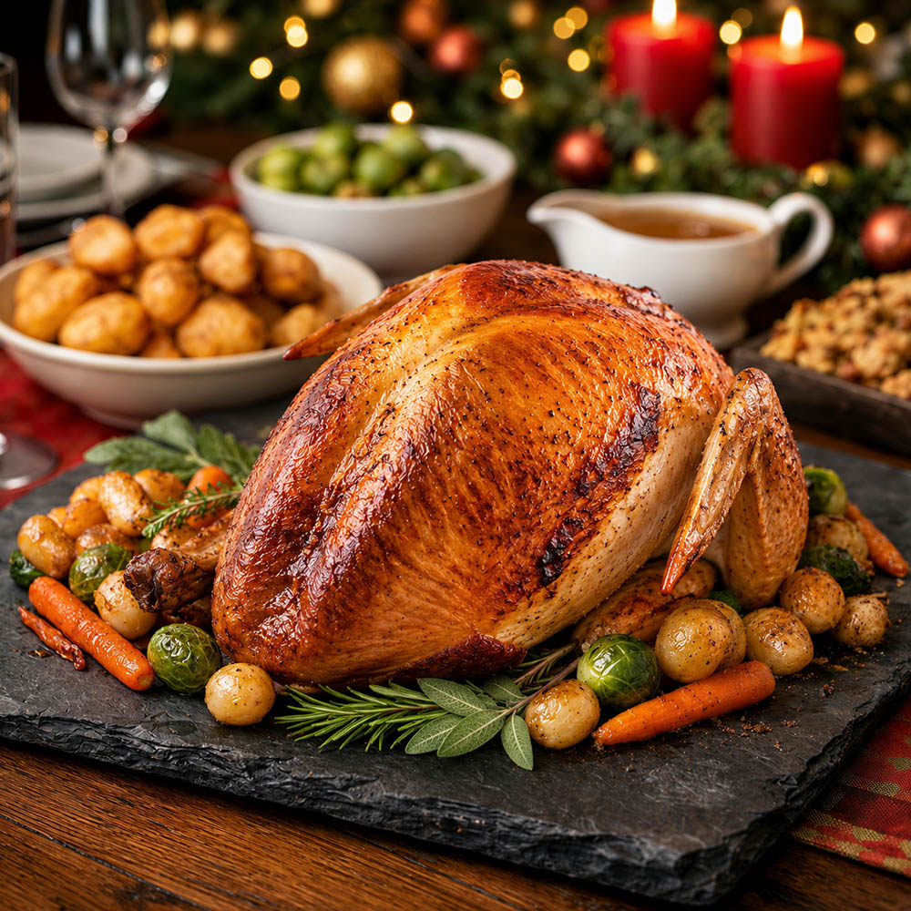 A stanborough farm turkey crown roasted on a dark stone platter with carrots, potatoes, Brussels sprouts, and rosemary, set on a wooden table with holiday decorations, candles, and serving dishes in the background.