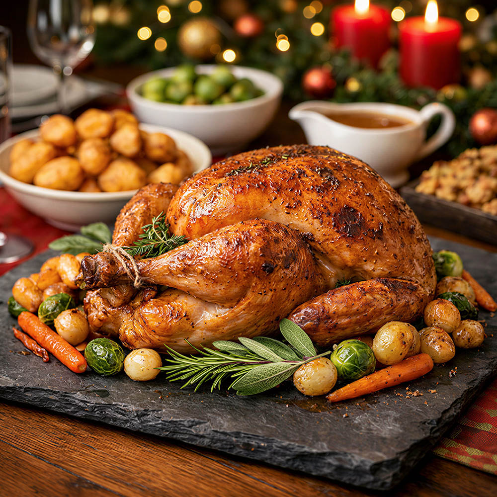 A stanborough farm roasted whole turkey on a dark stone platter with roasted potatoes, carrots, Brussels sprouts, and herbs, set on a wooden table with bowls of sides and candles in the background.